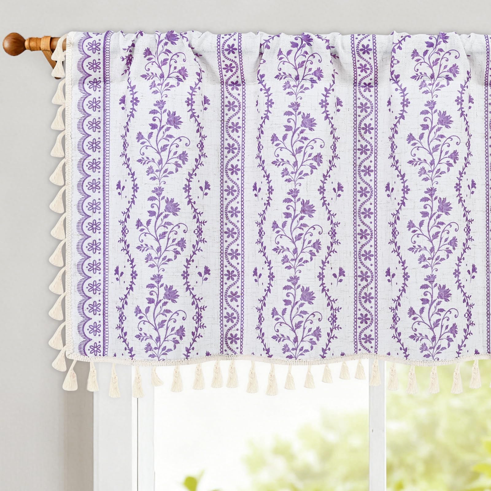 Yinhua Boho Valance Curtains Vintage Linen Kitchen Valances for Windows Light Filtering Bohemian Floral Valance Rod Pocket Tassel Window Valances for Bathroom Cafe, 52" W X 18" L, White Purple