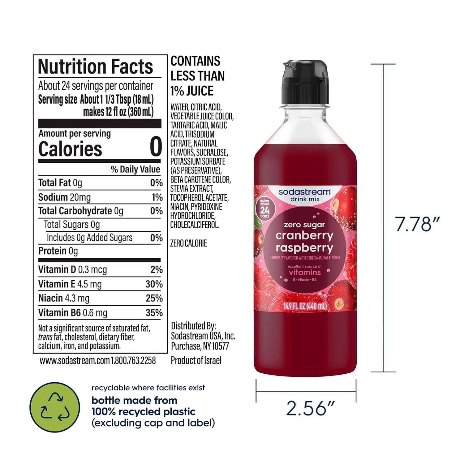 SodaStream Cranberry Raspberry Zero Calorie, New Pour Bottle 440ml, 14.9 Fl Oz (Pack of 4)