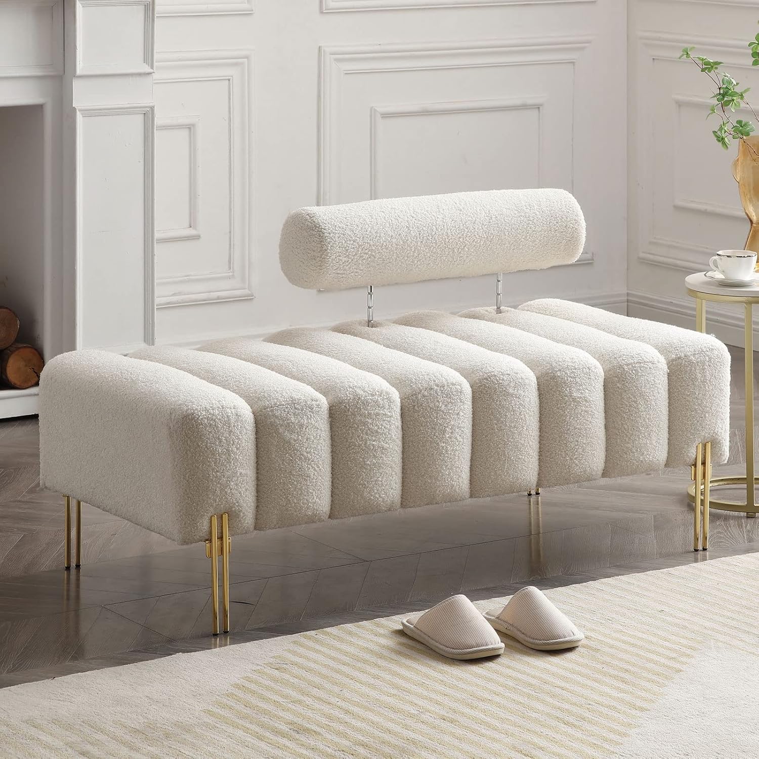 GNIXUU Sherpa Bedroom Bench, Channel Tufted Ottoman End of Bed Bench
