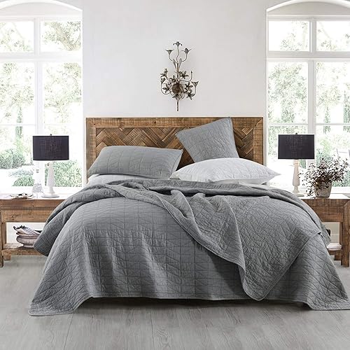 HORIMOTE HOME Juego de edredón tamaño King, edredón gris rústico lavado a la piedra con patrón clásico de costuras triangulares, colcha acolchada