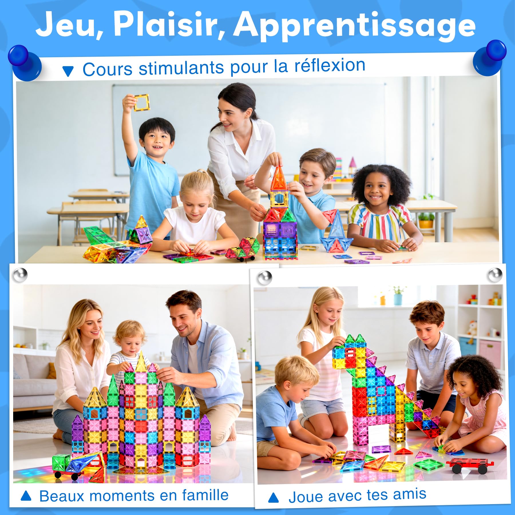 WOOBLO Bloc magnétique 108 pièces avec 2 Voitures, Jeu de Construction magnétique pour Enfants à partir de 3 Ans, Jouet créatif à aimants, Jouet Montessori, Cadeau pour garçons et Filles Amovible
