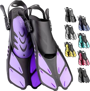 Snorkel Fins, Travel Size Short Flippers for Snorkeling Swimming | Adjustable Swim Fins Flexible Open Heel Lightweight Scuba Diving Fins for Adult Men Women Kids Ideal for Recreational Use