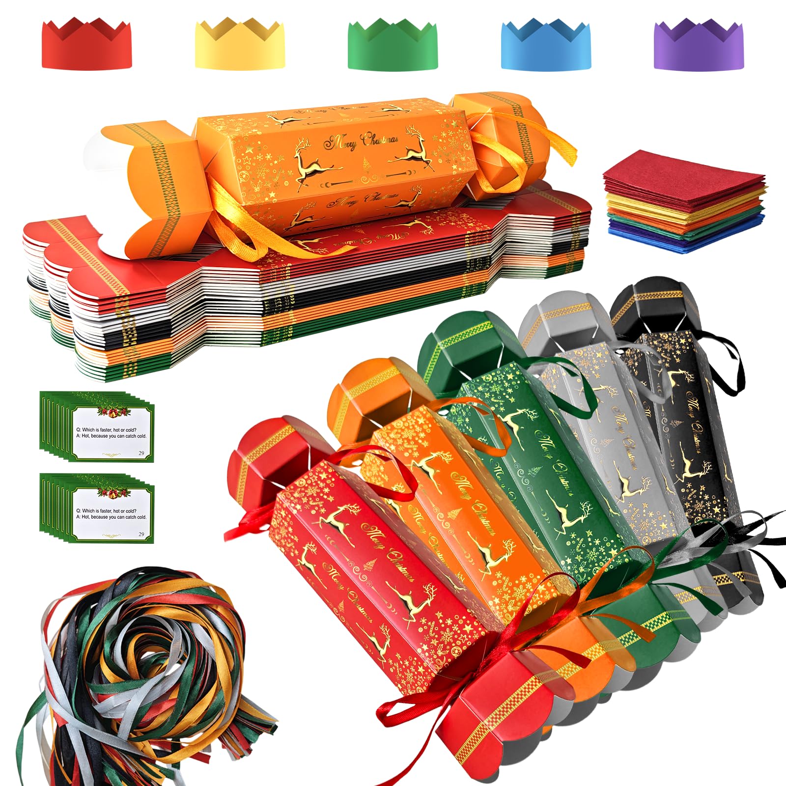 Surcotto 30 Pack Christmas Crackers,Make Your Own Xmas Cracker Kit,DIY Christmas Crackers Bulk,Christmas Party Cracker Candy Paper Boxes Novelty Decorations with Hats Riddle Cards, No Snap