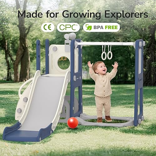 Miniatura 8 de 9 in 1 Toddler Slide and Swing Set with Basketball Hoop, Drawing Board, Rings & Telescope Indoor Outdoor Playset for Kids, Playground Activity