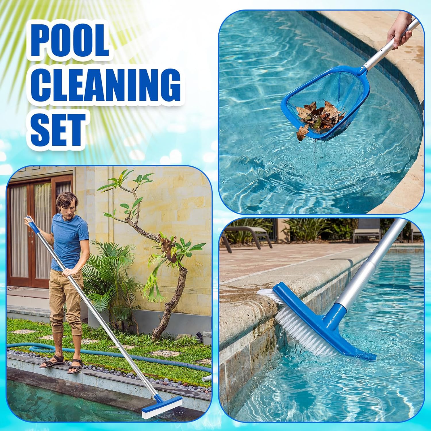 Potchen 3 Pcs Pool Cleaning Kit with Hand Skimmer Net, 47.24" Aluminum Pole and 10" Pool Brush Maintenance Accessory Tool for Above Ground Inground Ponds Home Tubs Spa