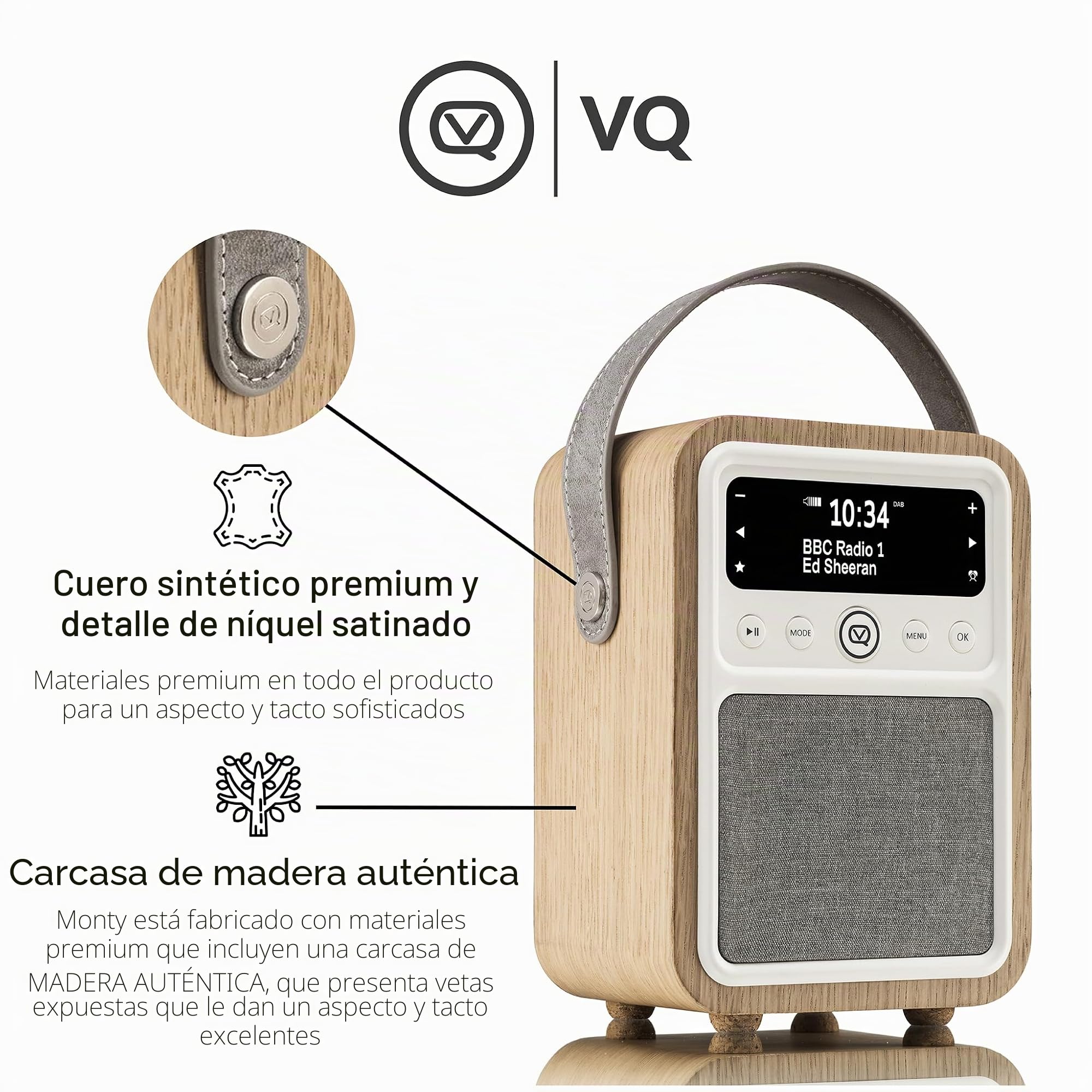 VQ Monty Radio Digital Dab+/Dab con Bluetooth, FM y Función de Radio-Despertador - Alimentada por Corriente y Batería Radio Portatil con Antena, Clavija para Auriculares y Puerto Usb - Roble