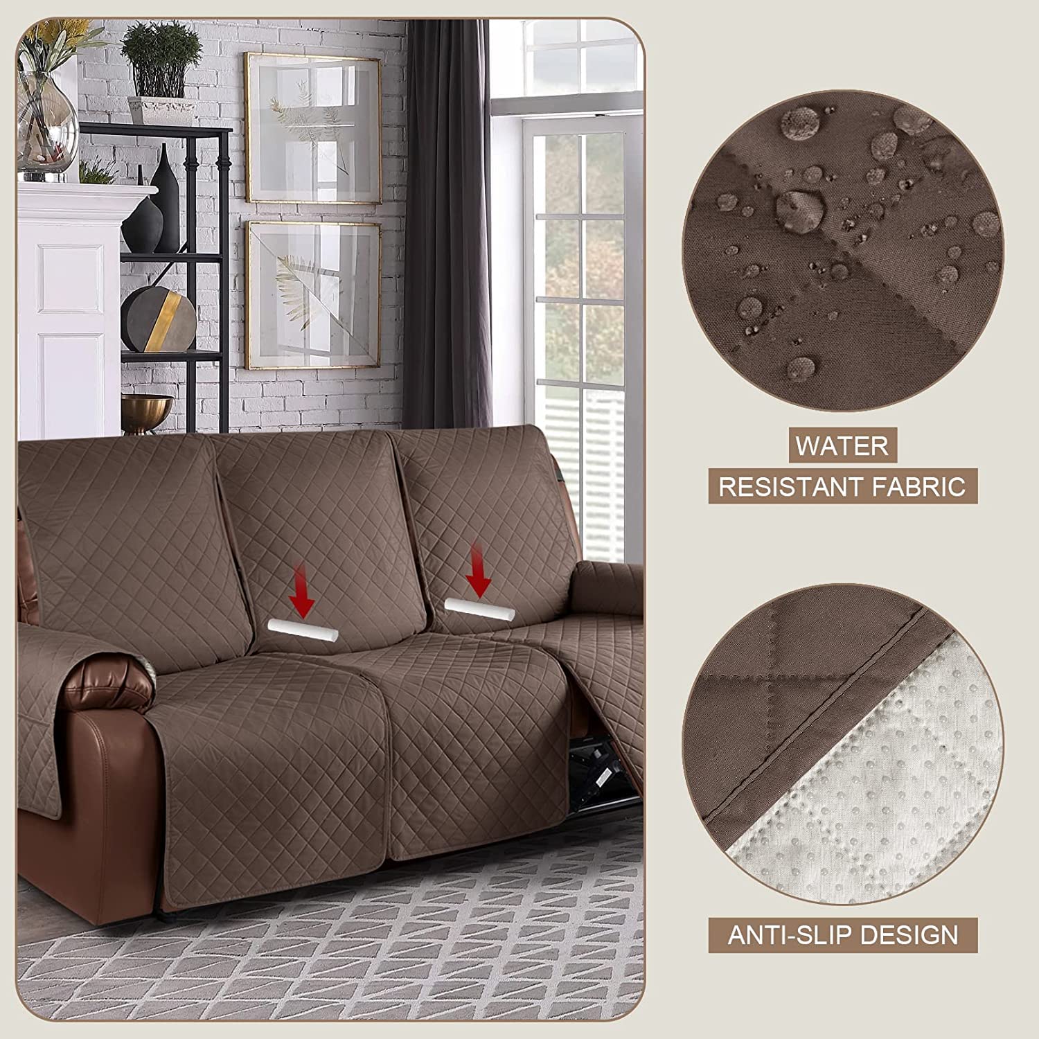 Funda de Sofá Reclinable Funda de Sillón Relax con correa elástica Fundas de Butacas Relax Antideslizantes Fundas de Muebles lavable para el hogar con mascotas y niños (Café,3 Plazas/Sofá)