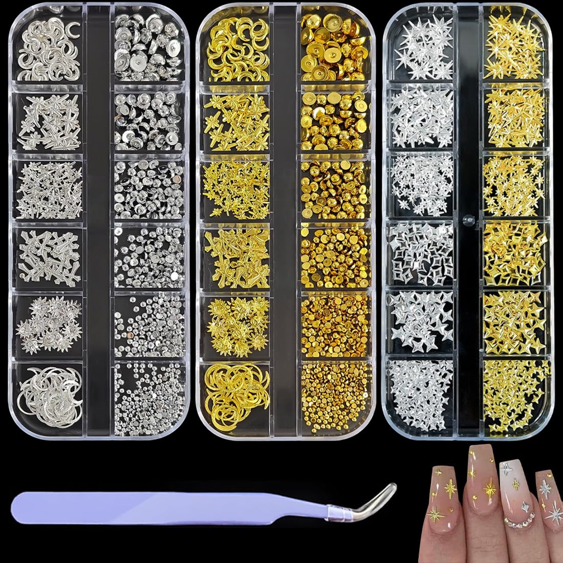 3 Pcs strass, brillantini unghie, Ciondoli per unghie con 3 scatole in oro argento a forma di stella, borchie a stella in metallo, pietre per unghie con micro caviale argento e oro