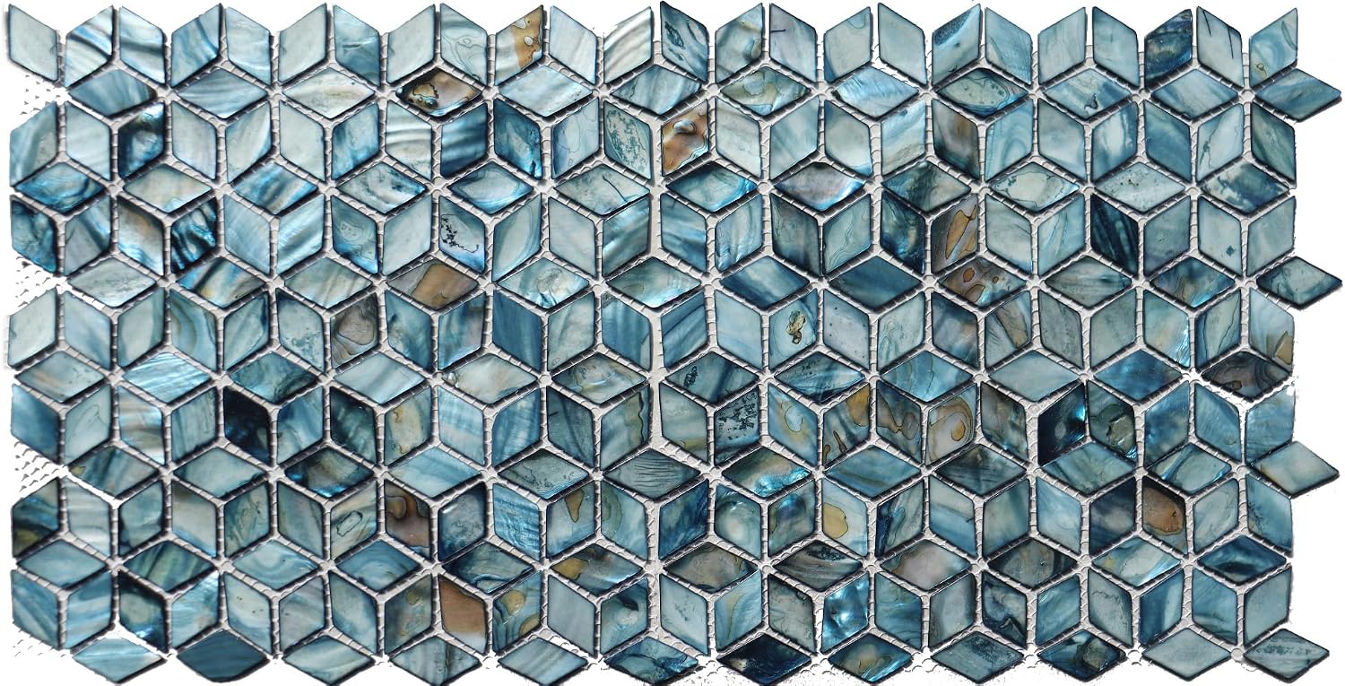 MOP Rhomboid Mother of Pearl Backsplash Mosaic Tile, Sea Shell Rhombus Tiles for Bathroom, Kitchen Wall, Shower, Interior Decoration 10 Sheets Blue