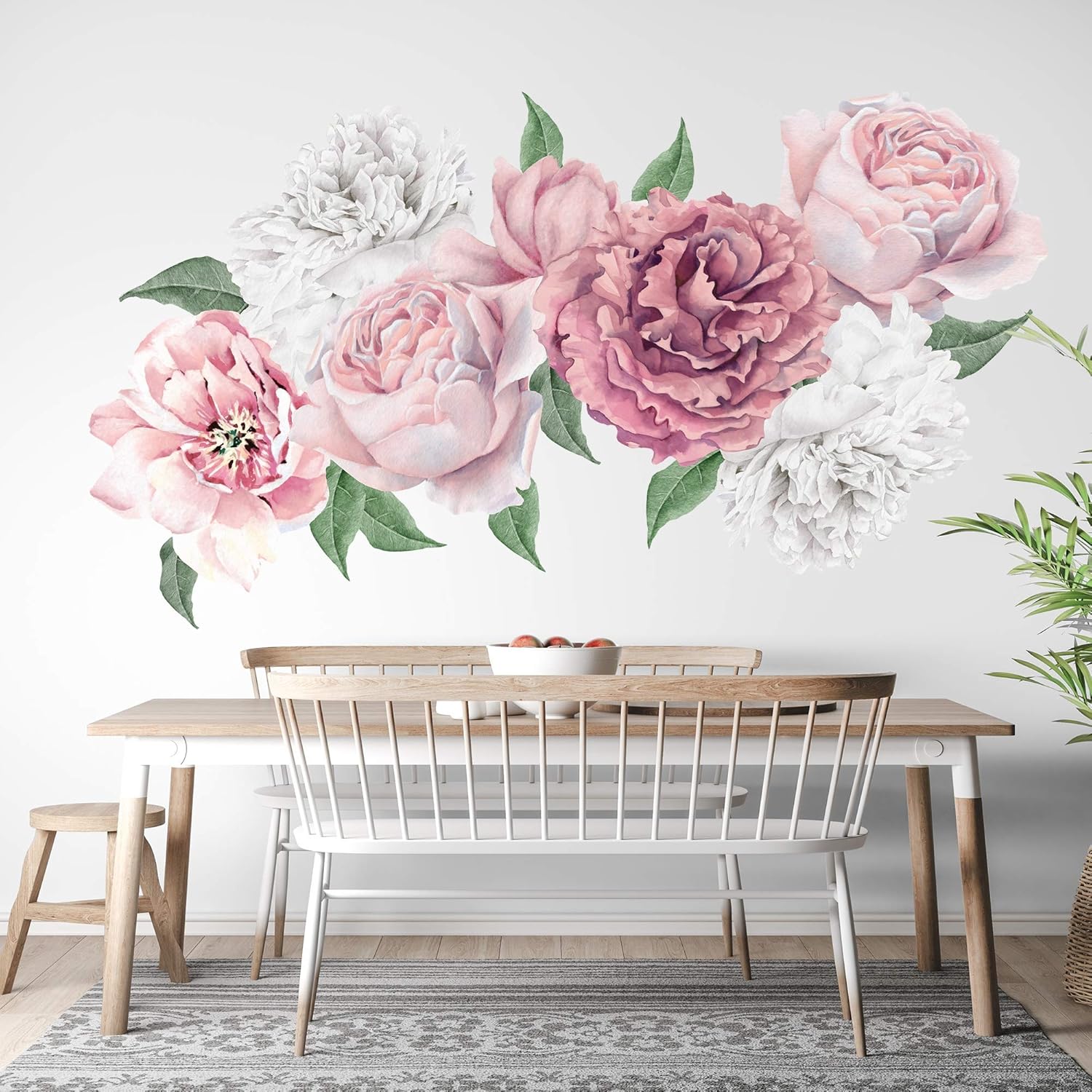 Murwall Peony Floral Wall Decal Peonies Blossom Wall Stickers Pink Rose Peel and Stick for Livingroom Flower Decals Modern Room Decor
