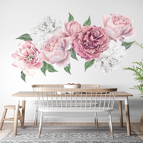 Miniatura 2 de Murwall Peony Floral Wall Decal Peonies Blossom Wall Stickers Pink Rose Peel and Stick for Livingroom Flower Decals Modern Room Decor