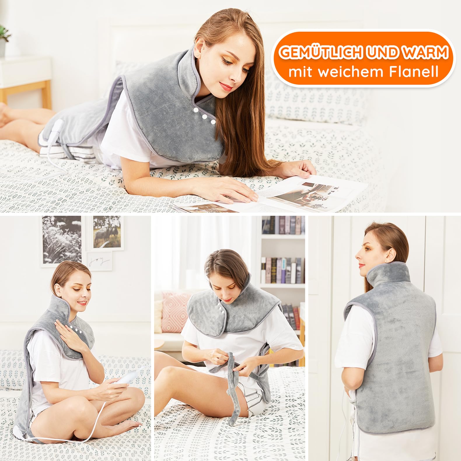 Heizkissen für Rücken Schulter Nacken 60x100cm Wärmekissen mit Taillenriemen, Schnelle Erwärmung, 6 Heizstufen, Rückenwärmer Abschaltautomatik Timer, Flanell, maschinenwaschbar, EU-Stecker, Grau