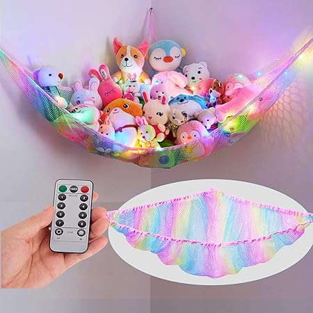 Unicorn Castle Stuffed Animals Net Hammock Kids Toy Storage with LED Light Plush Toy Organizer Corner Hanging Stuffed Animals Holder For Nursery Kids Girls Room Decor