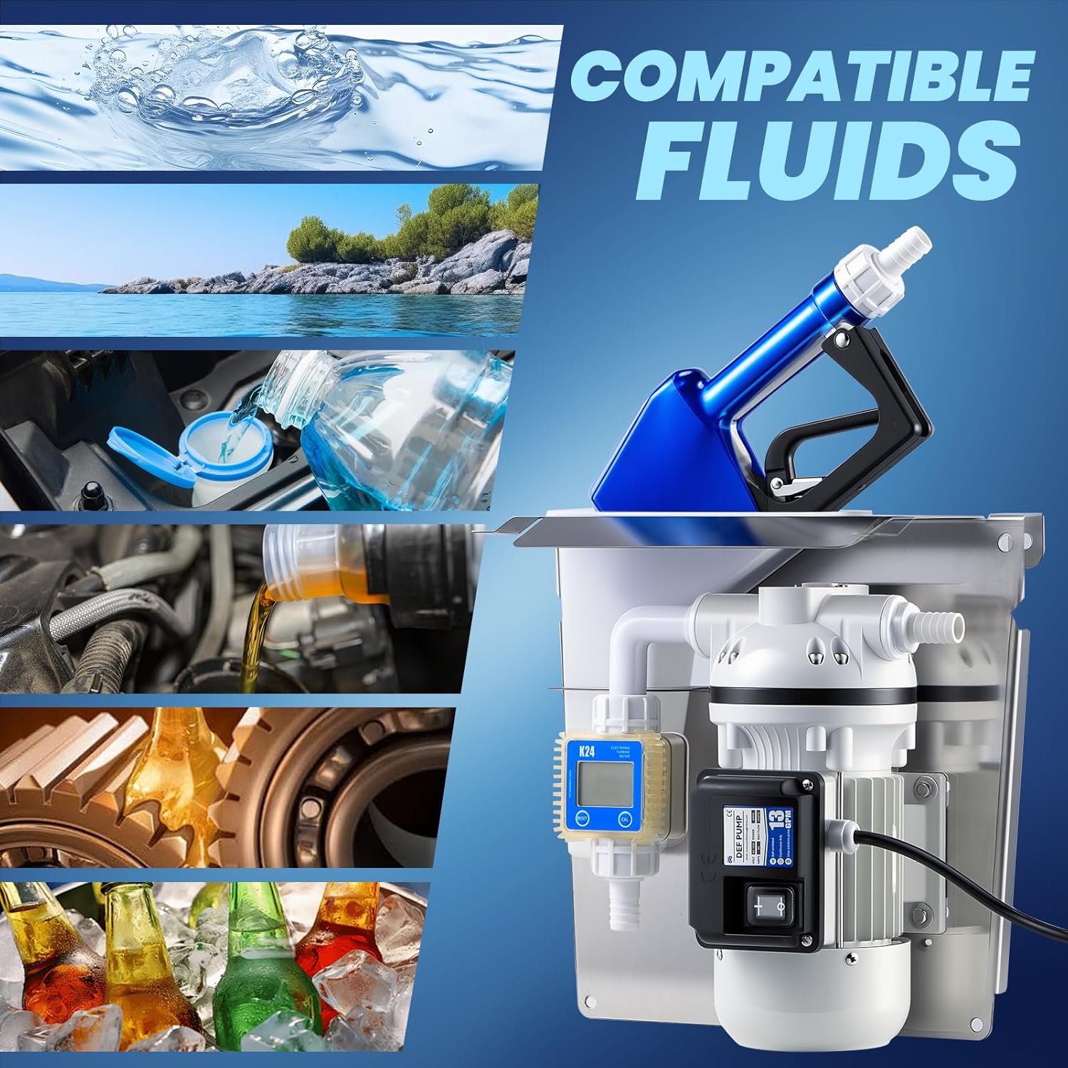 Mxmoonant DEF Transfer Pump Kit, 13.2GPM Diesel Exhaust Fluid Diaphragm Self Priming Electric Water Pump kit for DEF Nozzle, EDPM Hose, Flow Meter (110V US Plug)