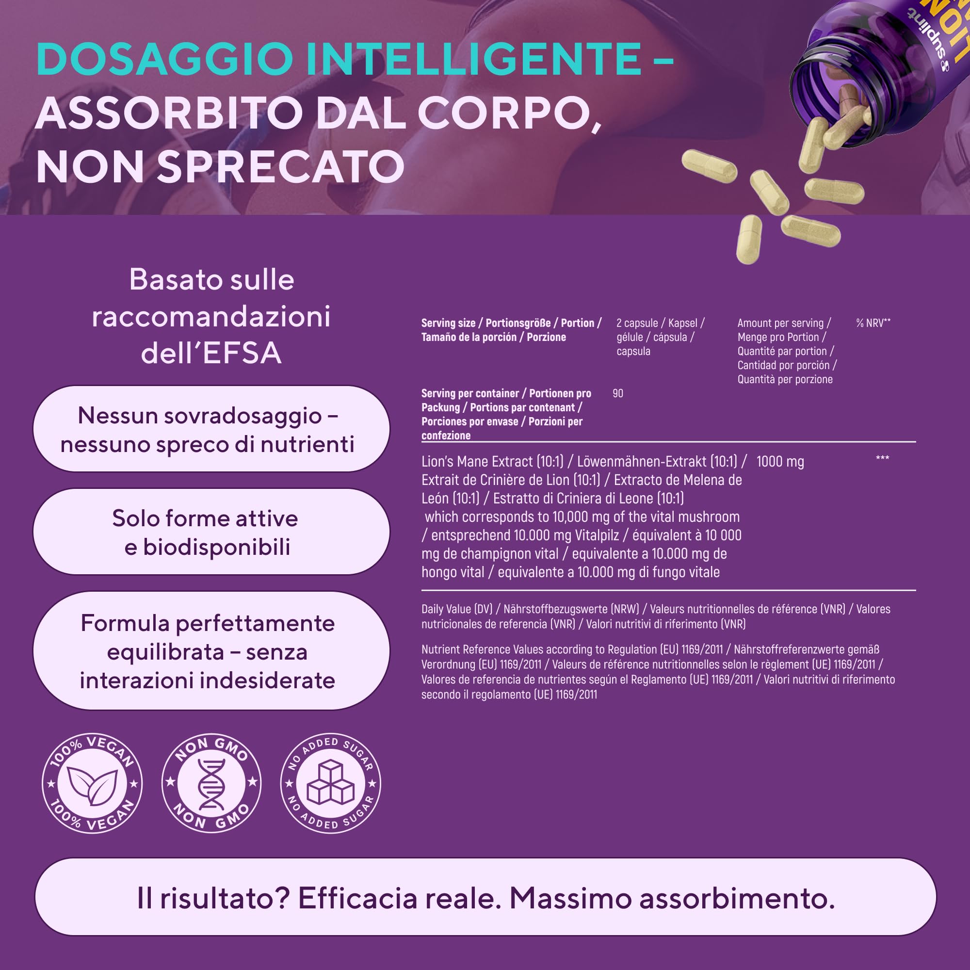 Lions Mane Mushroom Capsule 10.000 mg – Estratto Altamente Concentrato di Hericium Erinaceus 10:1 – Testato in Laboratorio con Certificazione – Integratore Lions Mane – 180 Capsule Vegane