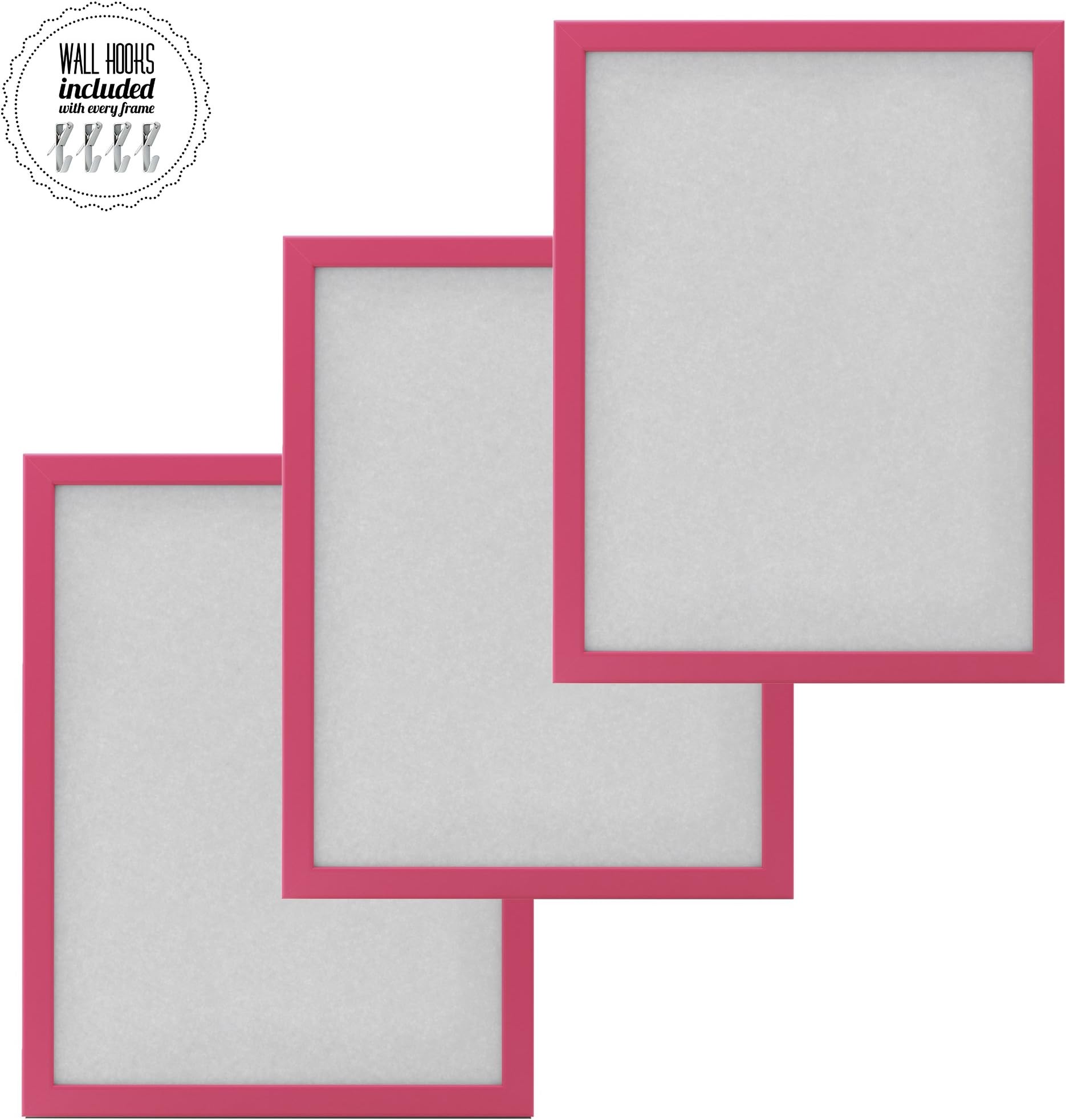 IKEA Family Large Picture Poster Frame Collage With Metal Hardware - 12 x 16 Picture Frames [A+++QBG Wall Hooks] | Set of 3 Wall Photo Frames - Collage of Three - [3 Pack] (Pink)