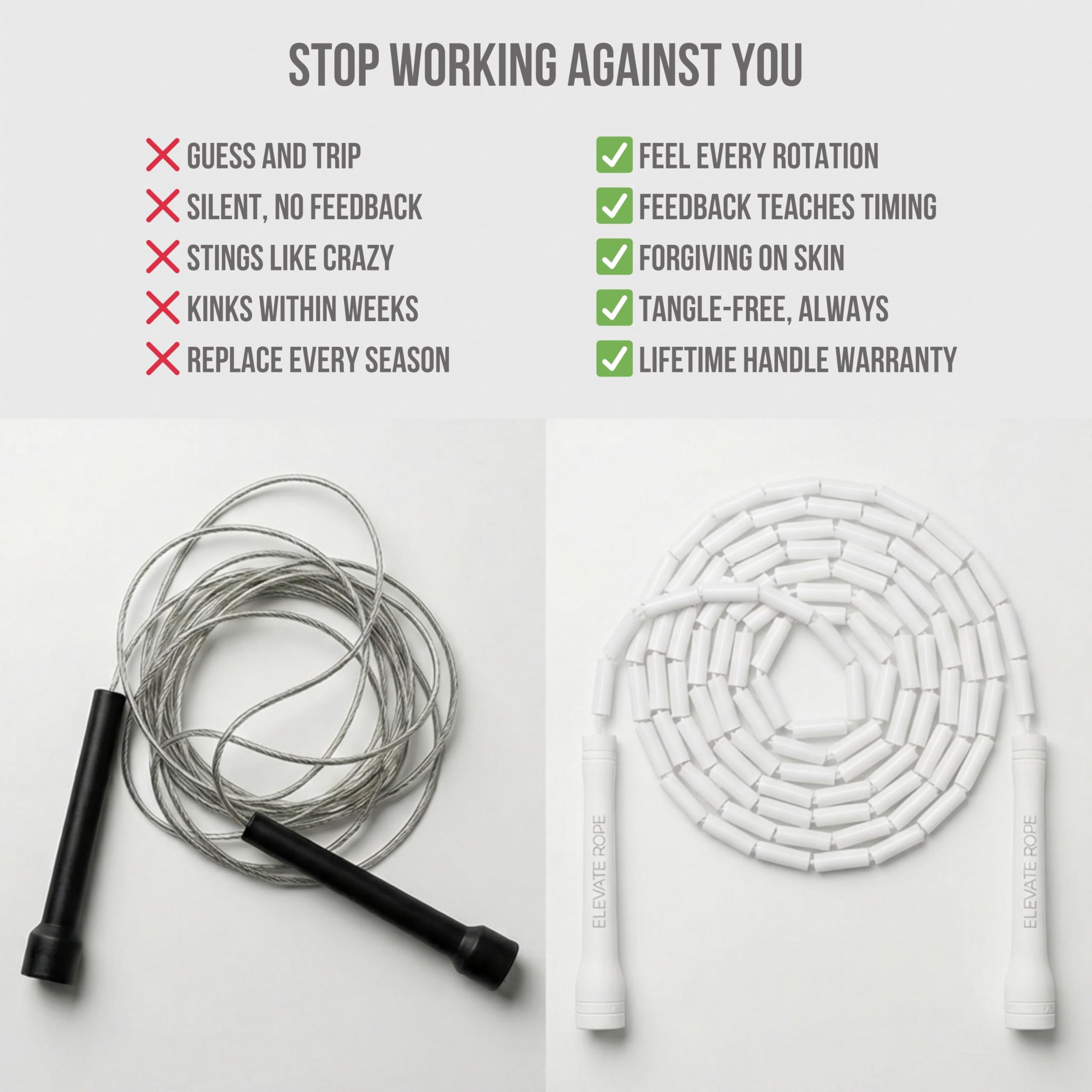 Elevate Beaded Jump Rope - Professional jump rope with an adjustable length up to max. 3 mt, thickness 3 mm poly cord/8mm including beads, weight 0.1 kg. (White)