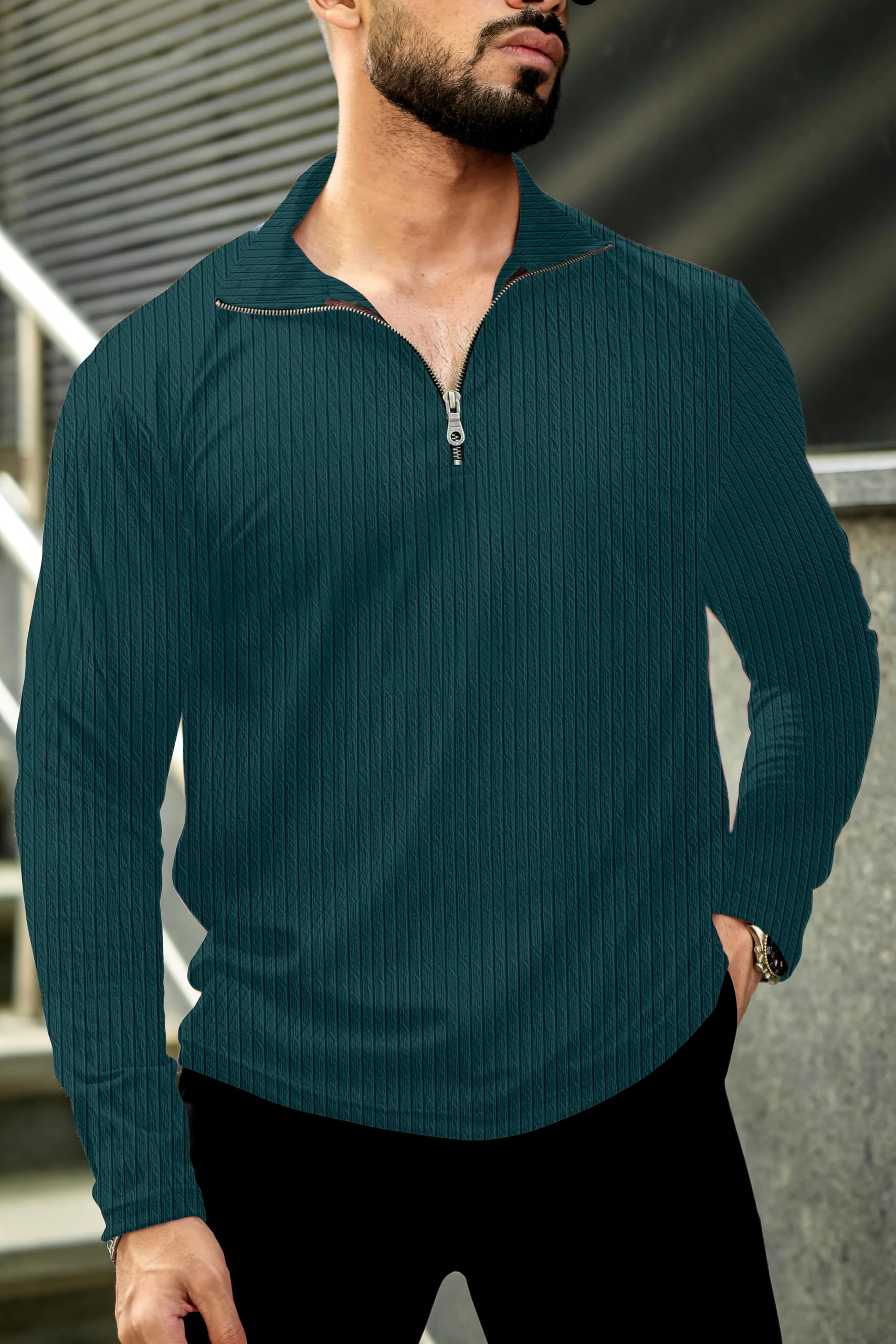 KAJARU Men's Quarter Zip Pullover T-Shirt, Cable Knit Pattern, Full Sleeve (in, Alpha, M, MOREPINCH) - Image 8 thumbnail