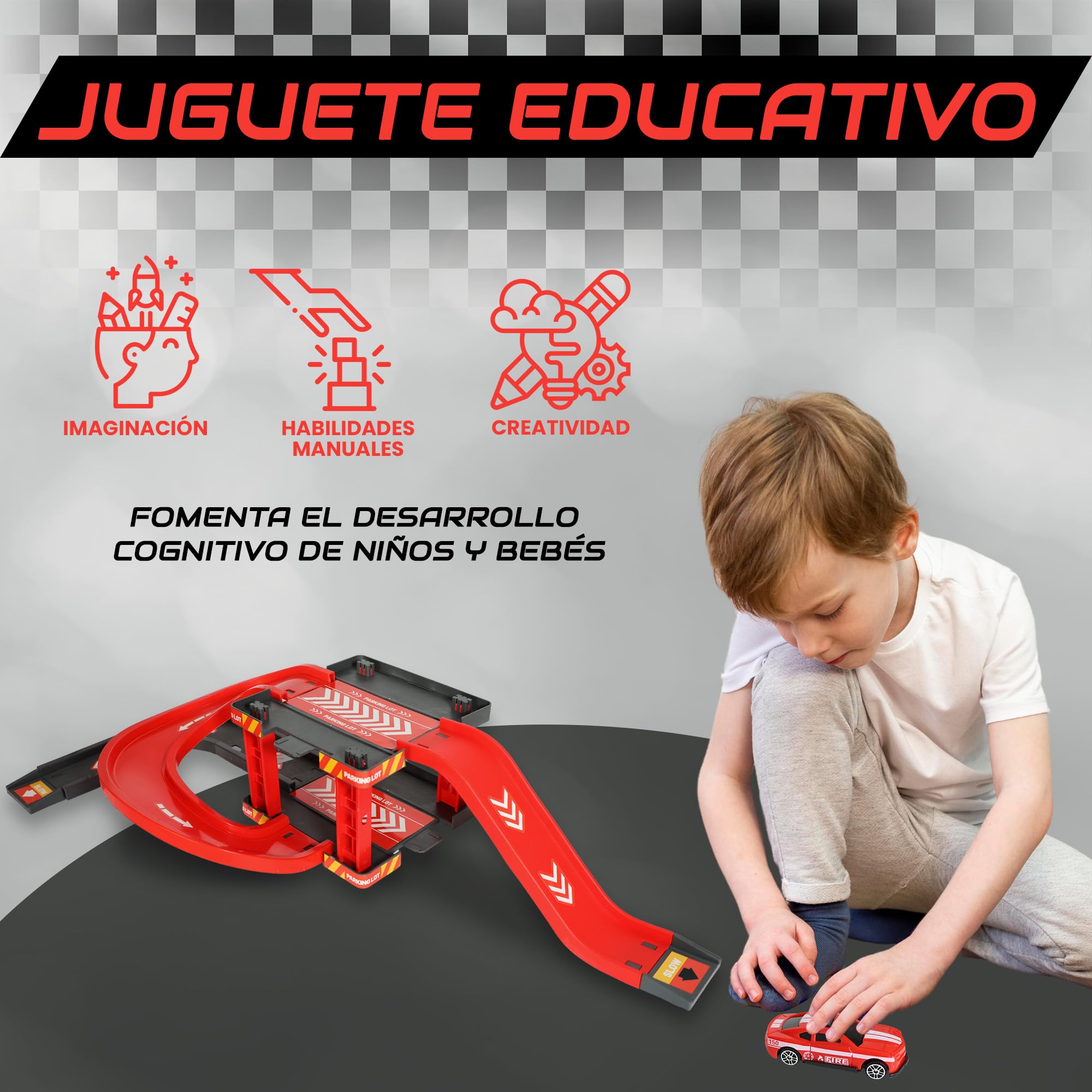 Elisium Juguetes Niños 3 años, Circuito De Coches Infantil con Parking, Pistas y 19 Piezas Niños y Niñas de 2, 3 y 4 Años -Juguete de Pista de Carreras con Garaje, Regalos Originales.