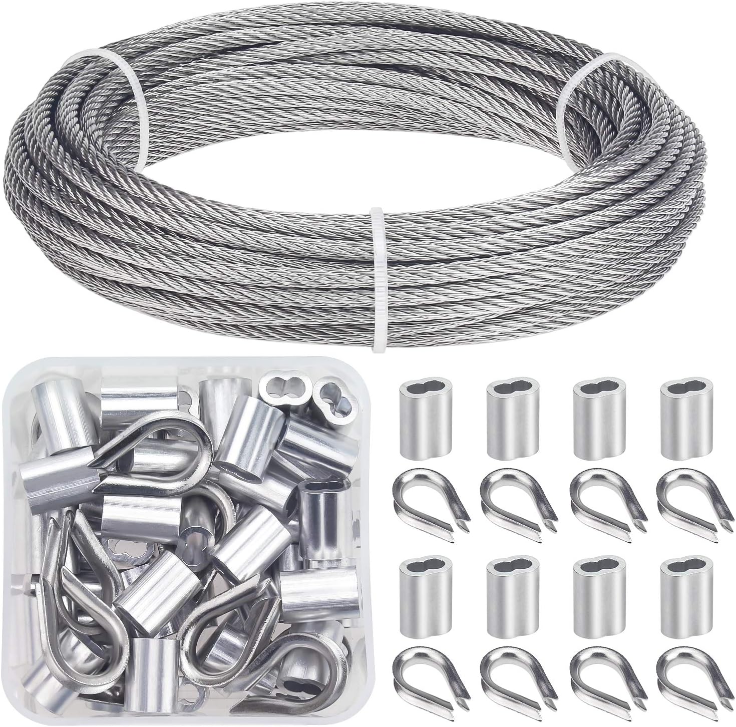 Cable Railing Kits Includes 1/8 Inch x 33 Feet 304 Stainless Steel Wire Rope Cable, 50 Pieces Aluminum Crimping Sleeves and 12 Pieces Thimbles for Railing, Decking, Picture Hanging