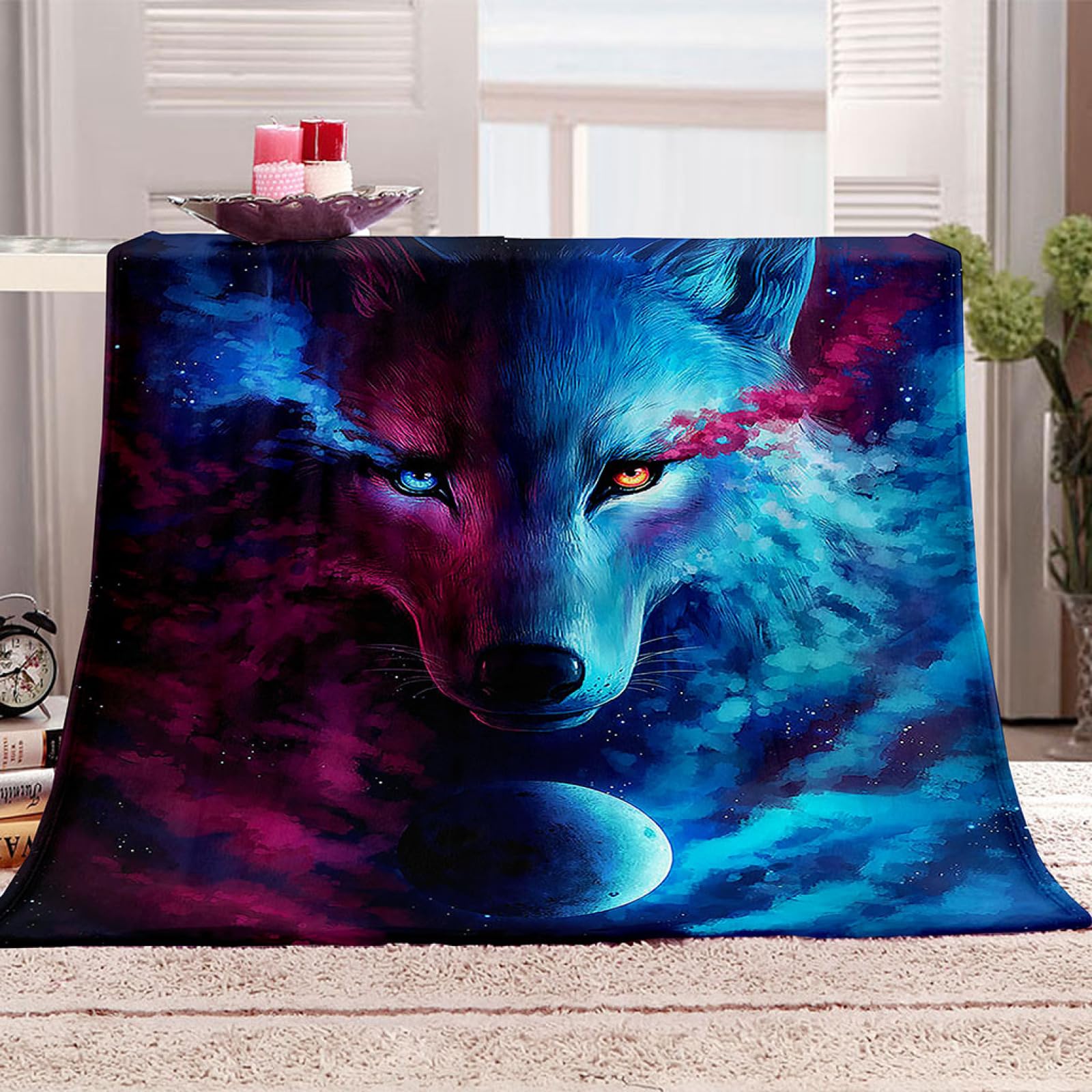 Couverture en flanelle loup bleu 3D VACSAX plaid polaire doux pour canapé de salon 140x200 cm