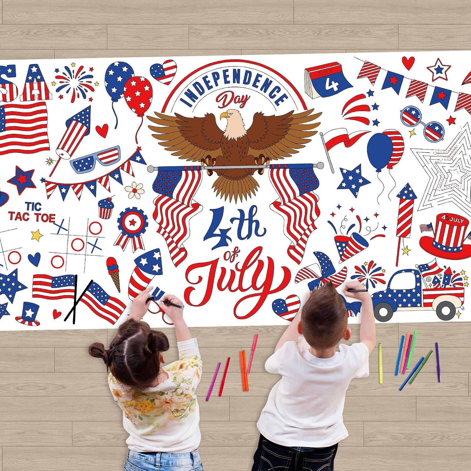 4th of July Giant Coloring Poster Tablecloth Disposable, 34 x 72 Inches Paper Patriotic Coloring Table Cover for Independence Day Classroom Party Favors Supplies (Independence.1)