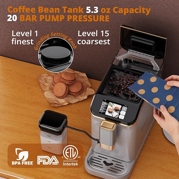 Automatic Espresso Coffee Machine with Milk Frother, 20 Bar Pressure & 15 Grind Settings, 8-in-1 Coffee Maker with TFT Touchscreen, Removable Water Tank, for Espresso Cappuccino Latte and More