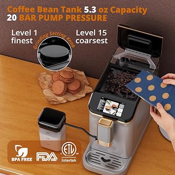 Automatic Espresso Coffee Machine with Milk Frother, 20 Bar Pressure & 15 Grind Settings, 8-in-1 Coffee Maker with TFT Touchscreen, Removable Water Tank, for Espresso Cappuccino Latte and More