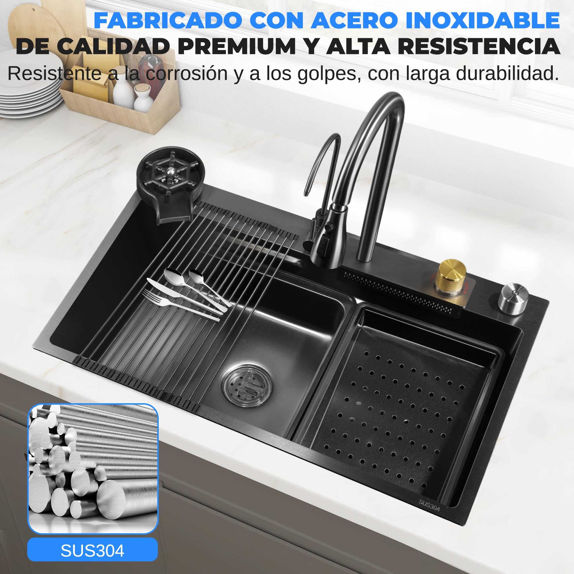 Serenelife fregadero cocina, Con grifo, Rejilla de drenaje, Canasta coladora, Tavla de cortar, Lavavasos, Acero inoxidable, Instalacion bajo o sobre encimera