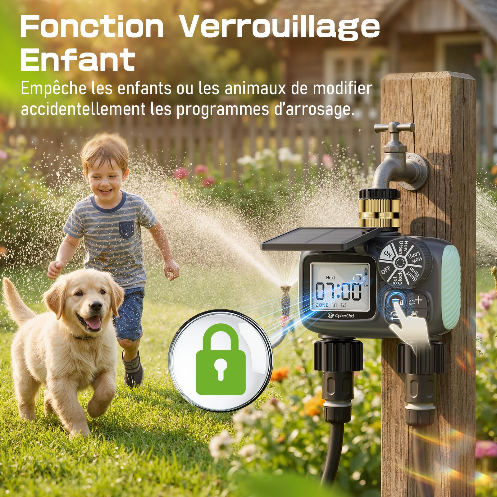 Programmateur d'arrosage Solaire CyberOrd 2 Zones, Arrosage Automatique pour Jardin avec Charge Solaire, Minuteur Arrosage Automatiquee avec Modes Auto/Manuel/Délai de Pluie pour Pelouse/Patio/Jardin