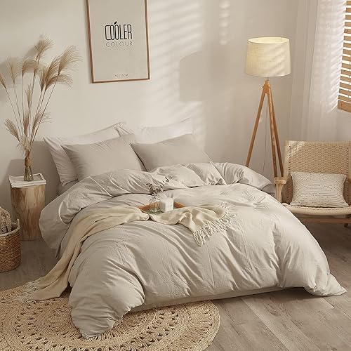 Miniatura 2 de AMWAN Juego de funda de edredón de color beige liso, tamaño matrimonial, de algodón lavado suave, juego de ropa de cama beige, estilo moderno,