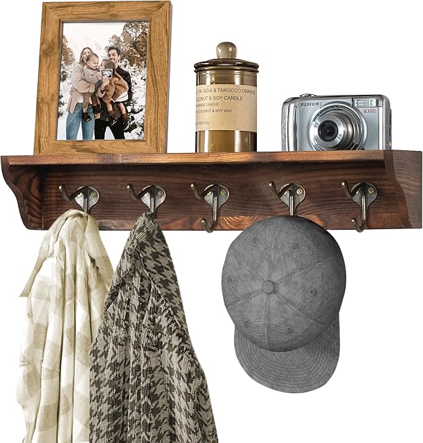 Lavievert Coat Hooks Wall Mounted, Hanging Entryway Shelf Farmhouse Mounted Coat Rack with Display Shelf and 5 Vintage Metal Hooks for Hallway, Kitchen, Living Room, Bathroom - Rustic Brown