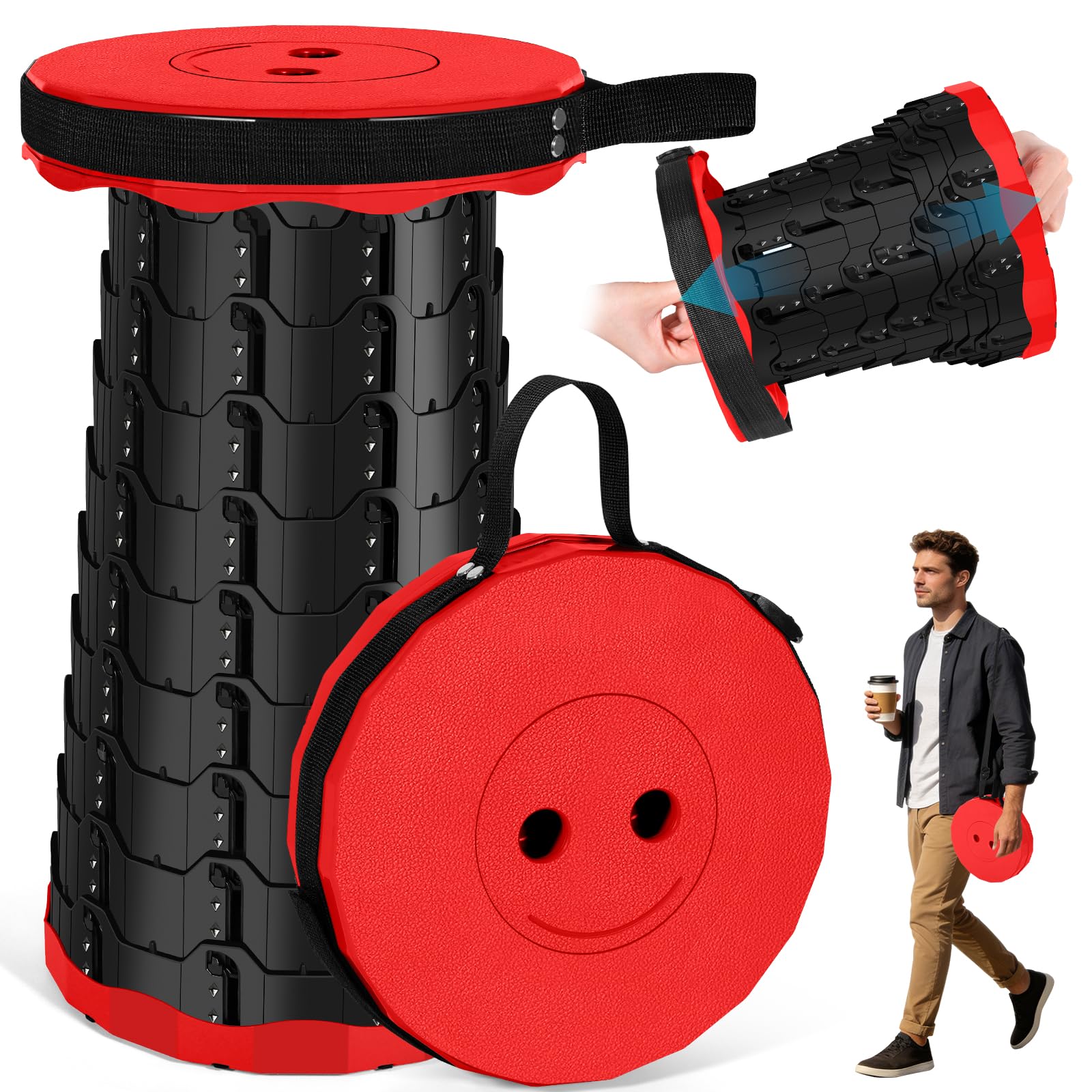 Sgabello Pieghevole Portatile, Sgabello Telescopico, Sgabello da Campeggio Leggero, Altezza Regolabile, Ideale per Campeggio, Giardino, Escursionismo, Pesca, Capacità di Carico 180 kg (Rosso, 1)