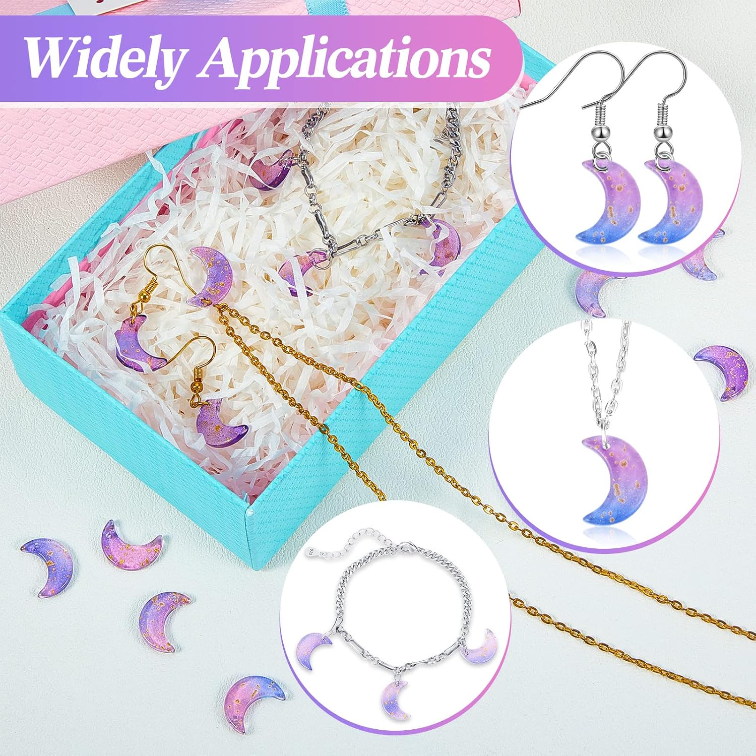 200 Pcs Crystal Charms Moon Pendants Crescent Shape Glass Tiny Hanging Pendants with Gold Foil Small Moon Pendant with Storage Box for Jewelry Making DIY Craft Beads Necklace Earrings, 16 x 11.5 mm