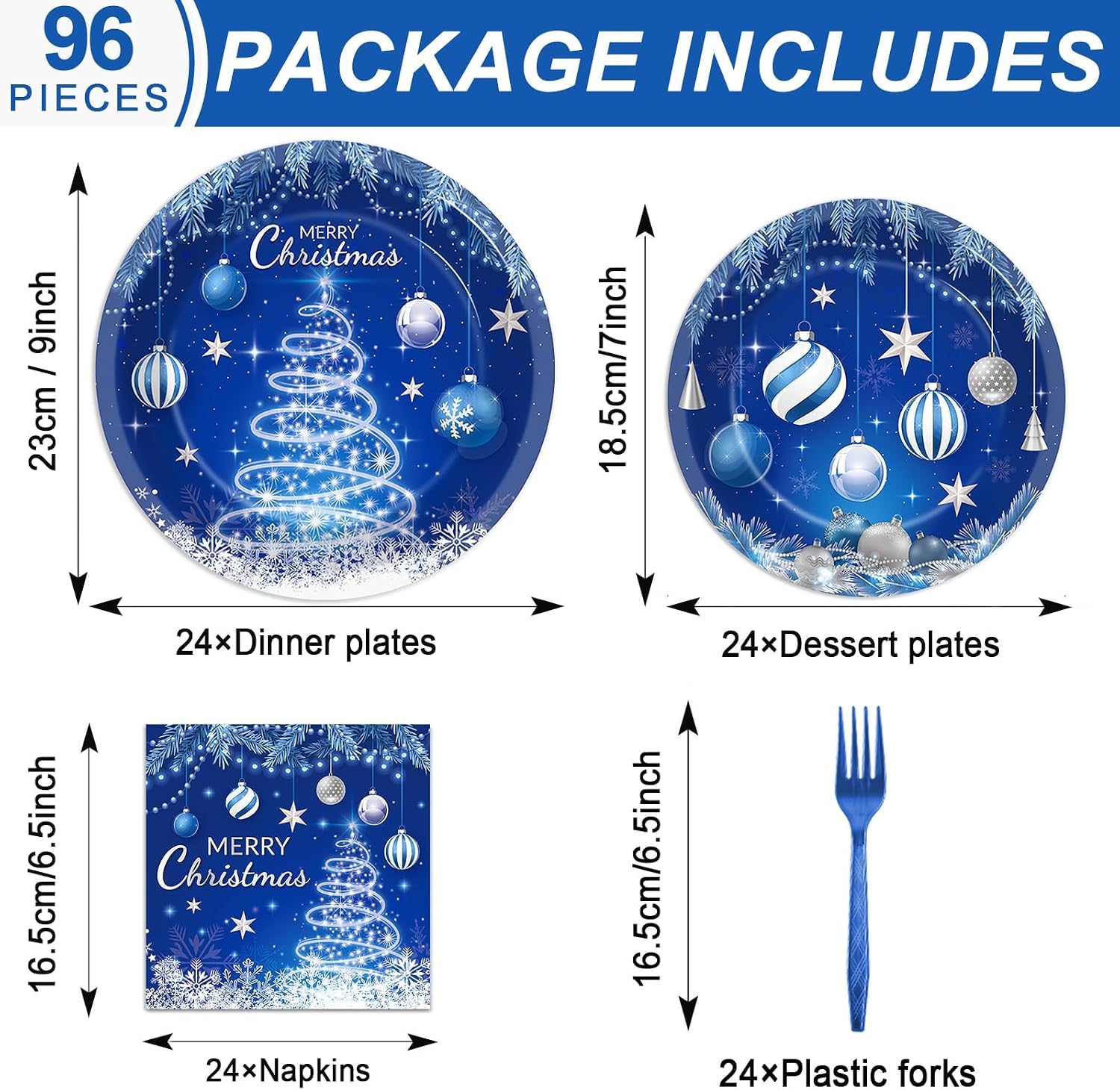 96PCS Christmas Plates and Napkins Christmas Tree Tableware Set for Xmas party Decorations Glitter Blue Christmas Ball Snowflake Disposable Dessert Paper Plates Napkins Forks for 24 Guests