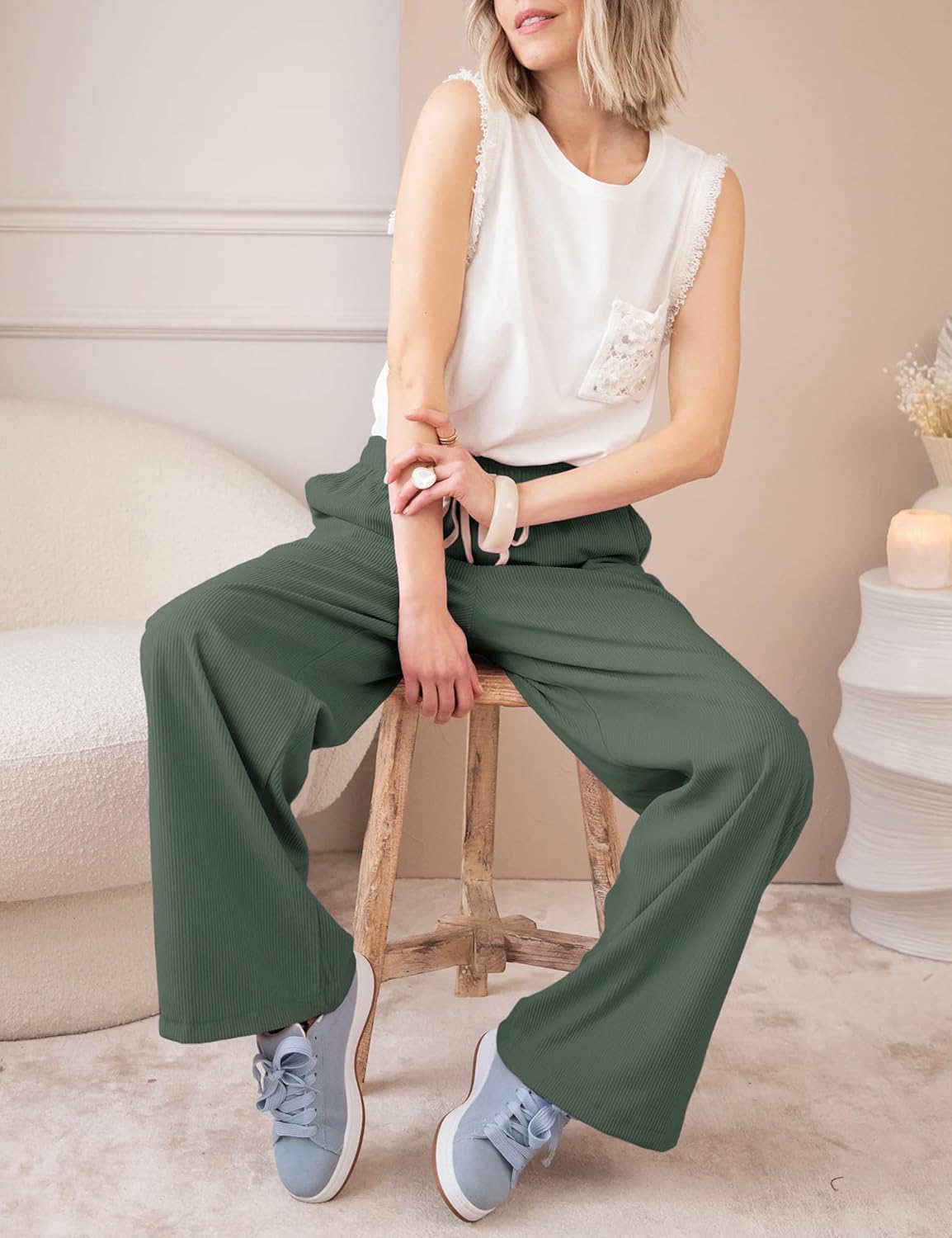 Ailoqing Women's Casual Corduroy Pants Drawstring Elastic Mid-Rise Straight Leg Pants Loose Comfy Trousers with Pockets - Image 4