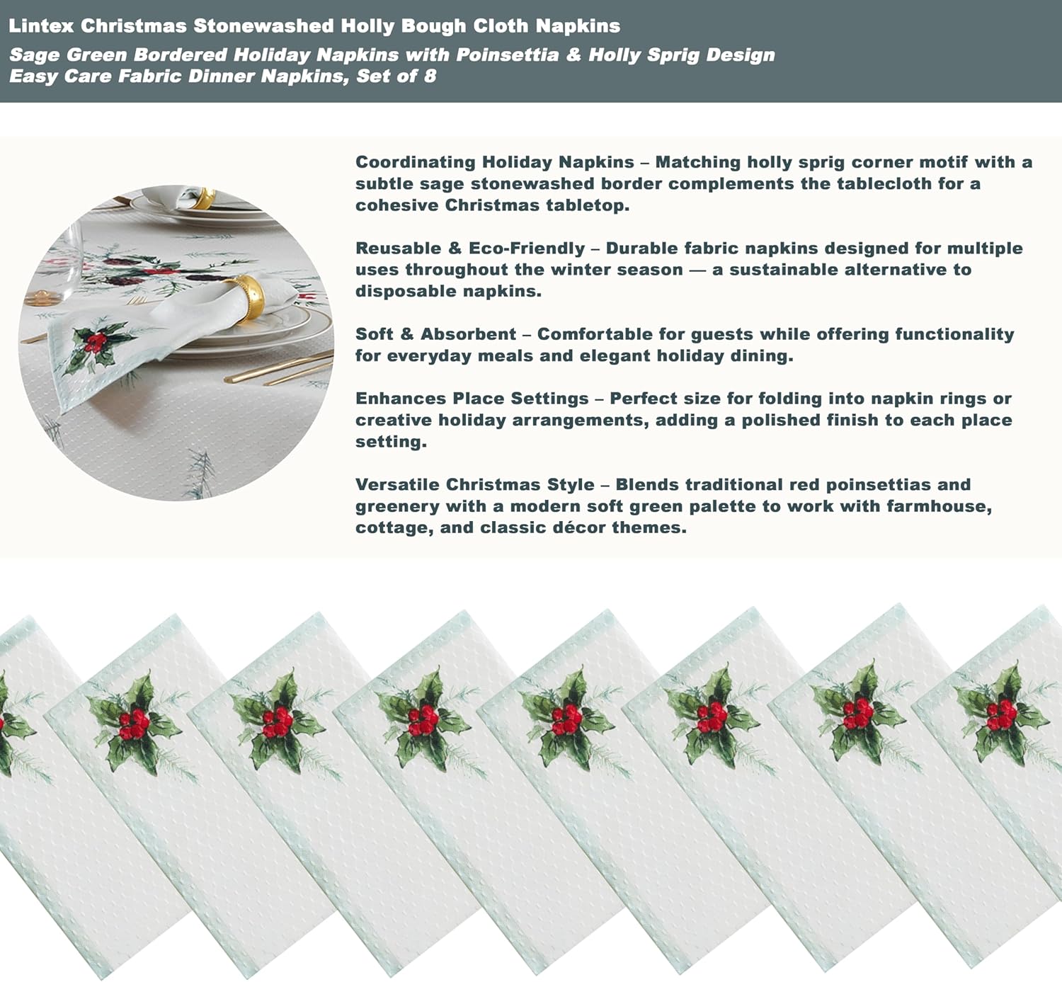 Lintex Holly Bough Stonewashed Border Christmas Tablecloth, 60 x 120 Inch Rectangle, Poinsettia and Holly Sprig Sage Bordered Holiday Easy Care Fabric Table Cover