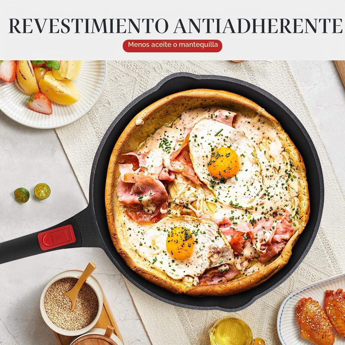 Sartén 24cm con Tapa, Sartén Antiadherente de Aluminio- Rojo