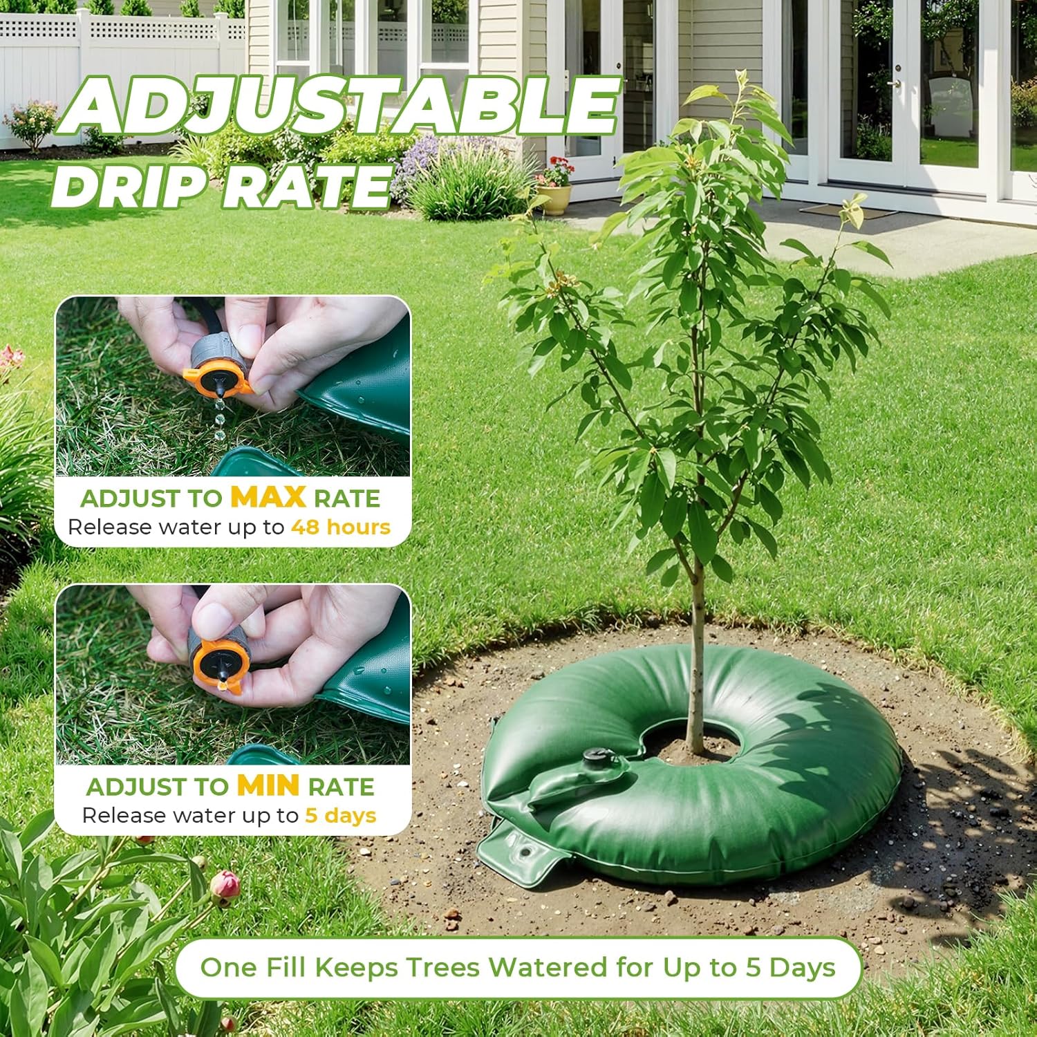 HIRALIY 15 Gallon Tree Watering Bag, 4 Pack Watering Ring, Slow Release 1-7 Days, Deep Root & Automatic Drip Irrigation System, for Multi-Trunk Newly Planted Small Trees and Shrubs