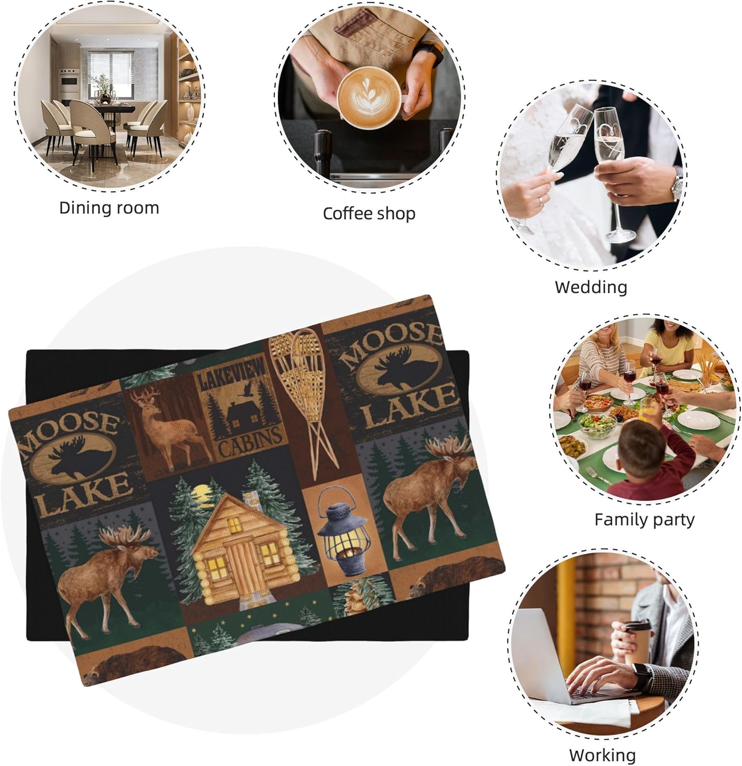 Rustic Lodge Bear Moose Deer Placemats Set of 6, Vintage Cabin Pine Cone Place Mats, Heat Resistant Non Slip Cotton Linen Dining Table Mats for Home Party Kitchen 12X18inch