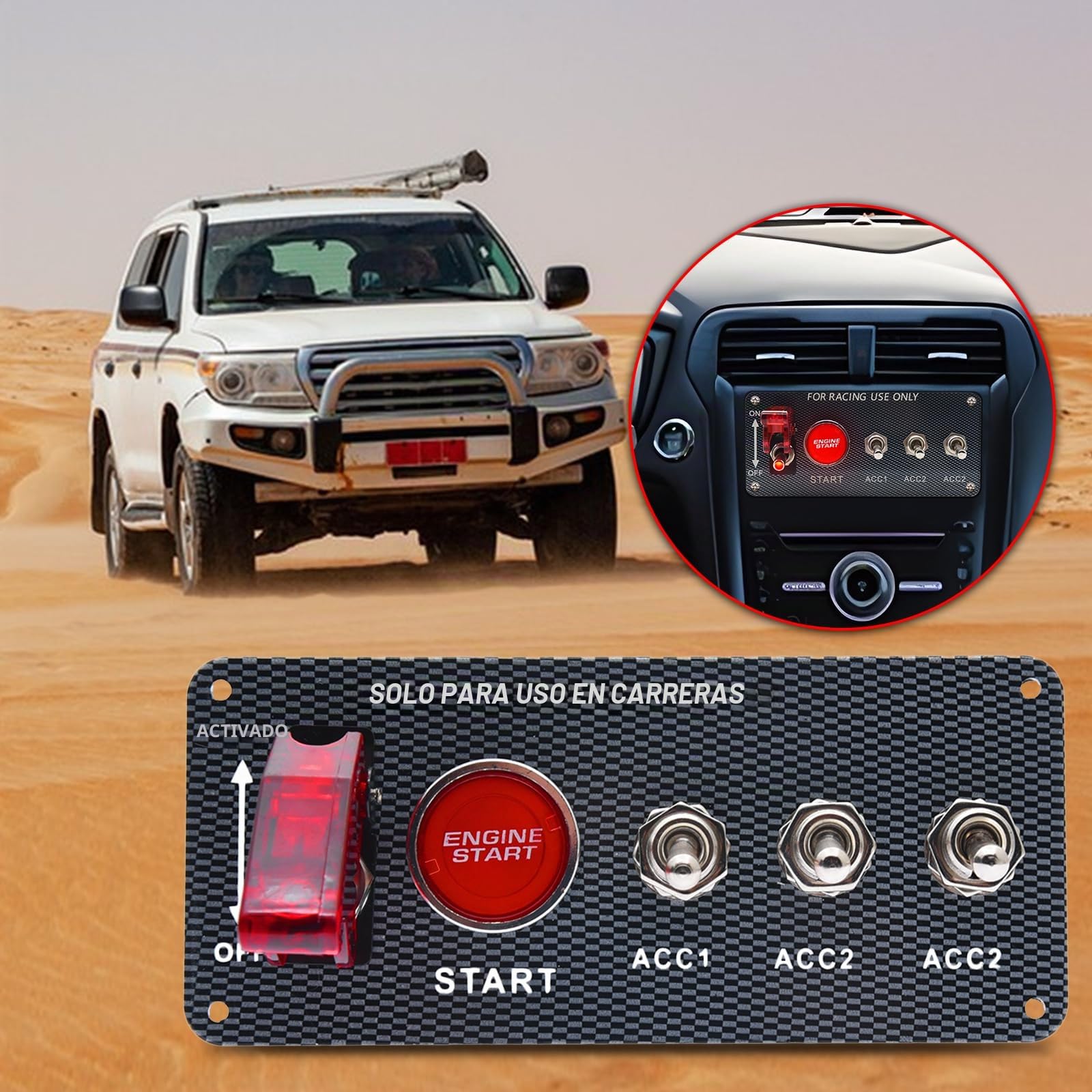 Geloo Panel de Interruptor de Encendido 12V de Carreras de Coches de Arranqu Fibra de Carbono LED Interruptores ​de Palanca 5 en 1