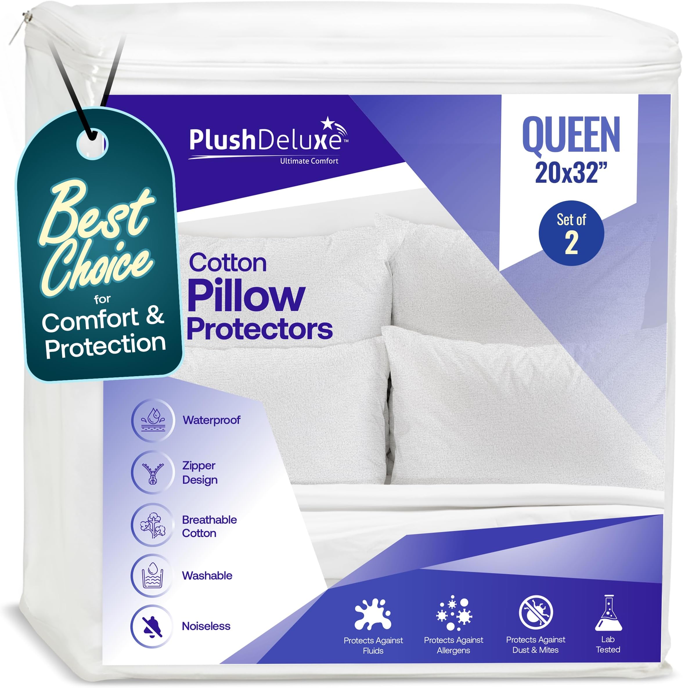 Pillow Protectors Queen Size 20”x32”, Set of 2 Zippered Pillow Encasements Made with Breathable Soft Cotton Terry Fabric, 100% Waterproof, Hypoallergenic, Bed Bug & Dust Mite Proof