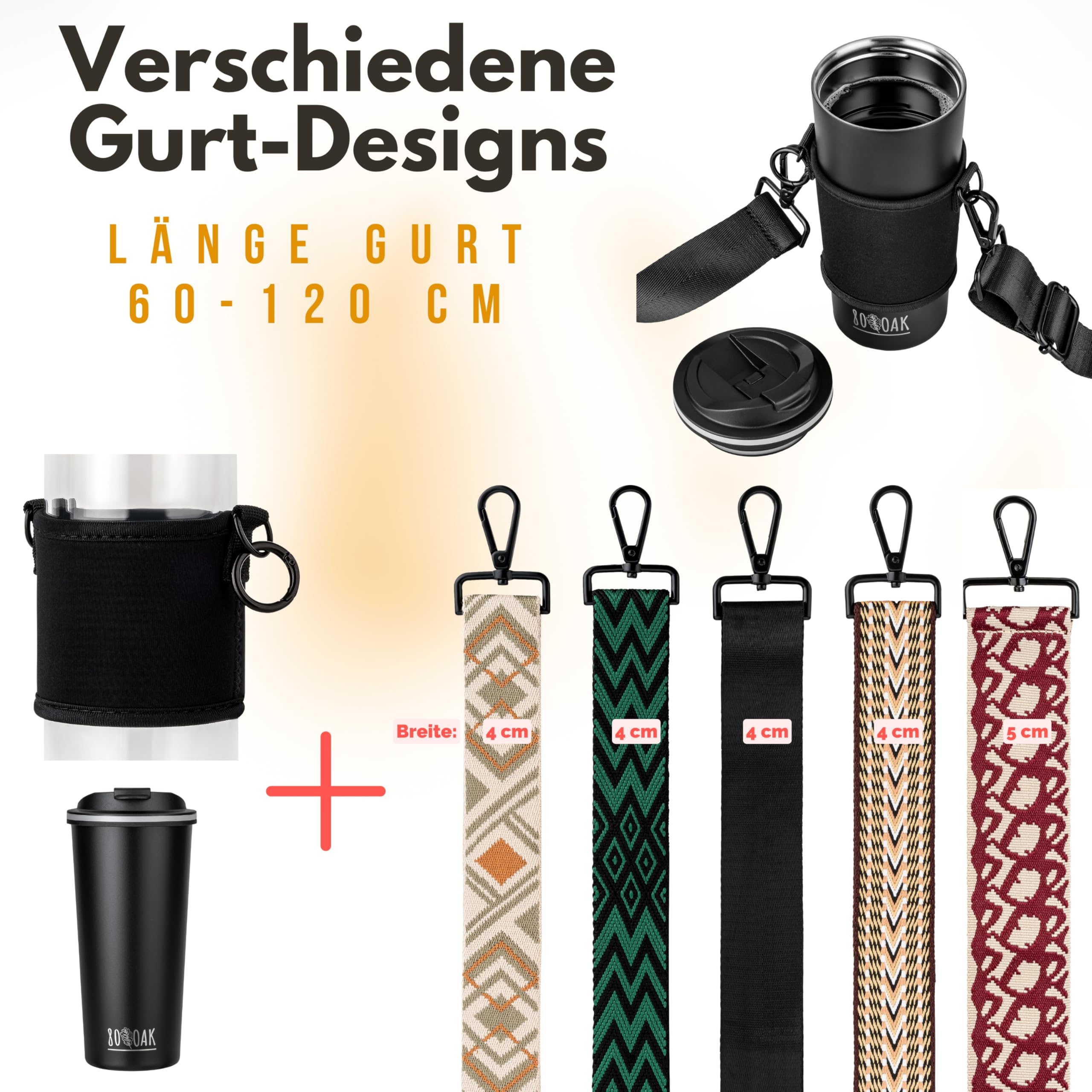 Kaffeebecher und Cupholder Set. Becherhalter und Thermobecher zum Umhängen. Getränkehalter aus Neopren mit verstellbaren Schultergurt (Schwarz, Muster Braun)