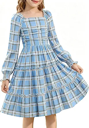 HOZIY Girls Long Sleeve Dress Ruched Smocked Tiered Ruffle A-Line Casual Boho Teen Dresses with Pocket Size 6-16 Years