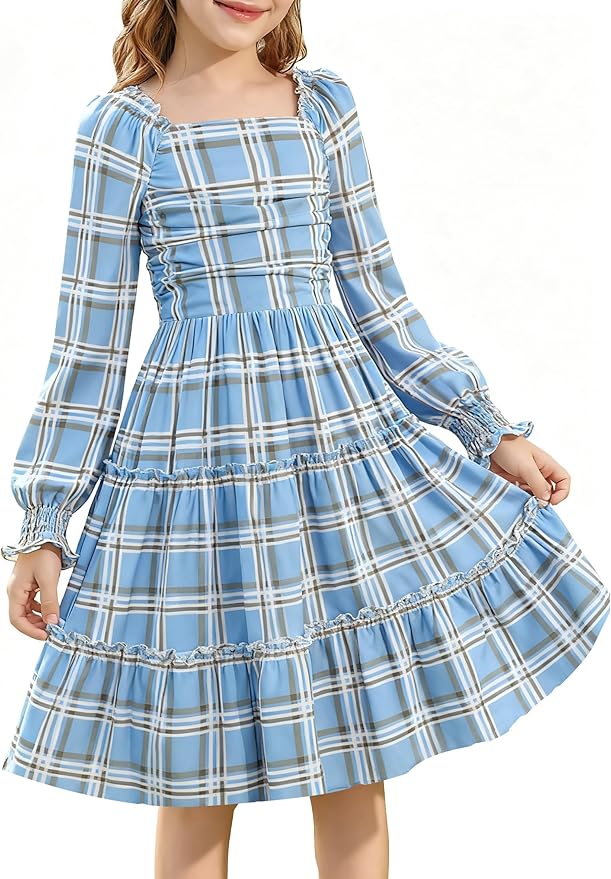 HOZIY Girls Long Sleeve Dress Ruched Smocked Tiered Ruffle A-Line Casual Boho Teen Dresses with Pocket Size 6-16 Years