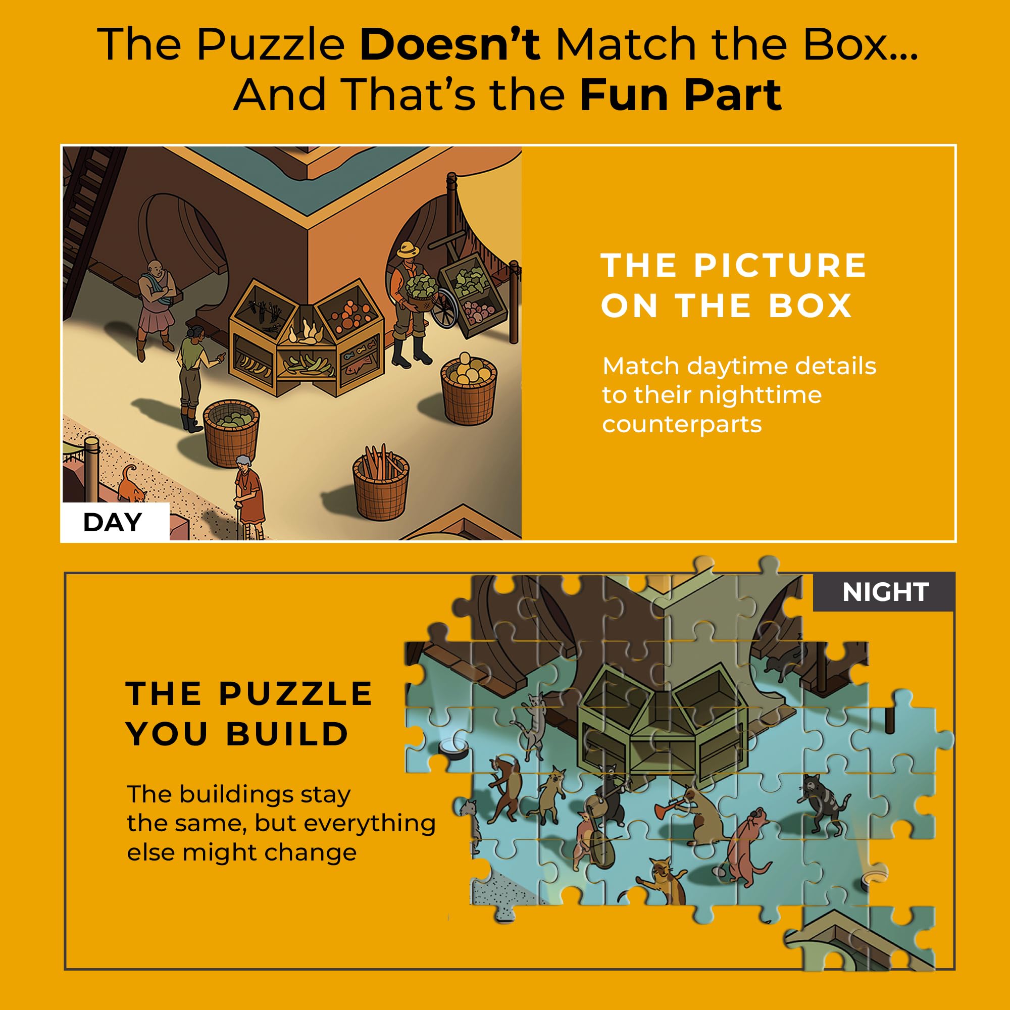 Time Warp Puzzle mystère de 1000 pièces pour Adultes Série Jour Nuit – Un Puzzle Difficile, Difficile à Changer d'image pour résoudre Les problèmes de 67,6 x 48,9 cm (Rock la Patte de Chat)