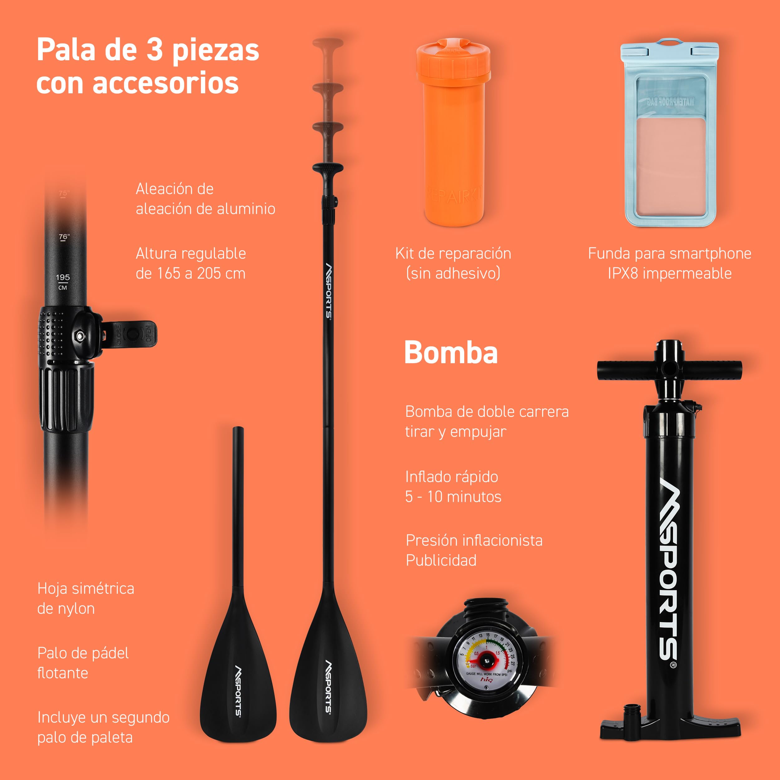 MSPORTS SUP - Tabla de surf de remo hinchable, accesorios completos, remo ajustable, bomba de alta calidad + 2 bastones de remo + bolsa impermeable para smartphone + bolsa multifunción