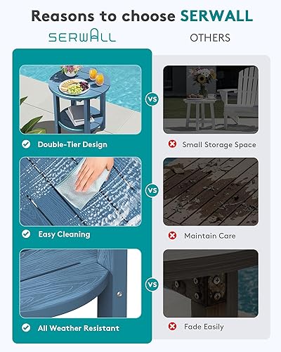Miniatura 6 de SERWALL Mesa auxiliar redonda para exteriores, mesa auxiliar Adirondack pequeña de HDPE, mesa auxiliar de patio de 2 niveles para patio, piscina,