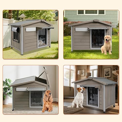 Miniatura 8 de PetsCosset Casa para Perros Grande de 30.1" L para Exteriores e Interiores, Perrera de Madera de Abeto con Techo de Asfalto Impermeable y Abrible,