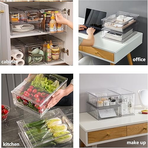Miniatura 5 de Paquete de 4 cubos organizadores apilables para refrigerador con cajón extraíble, contenedores de cajones de refrigerador, refrigerador, congelador,